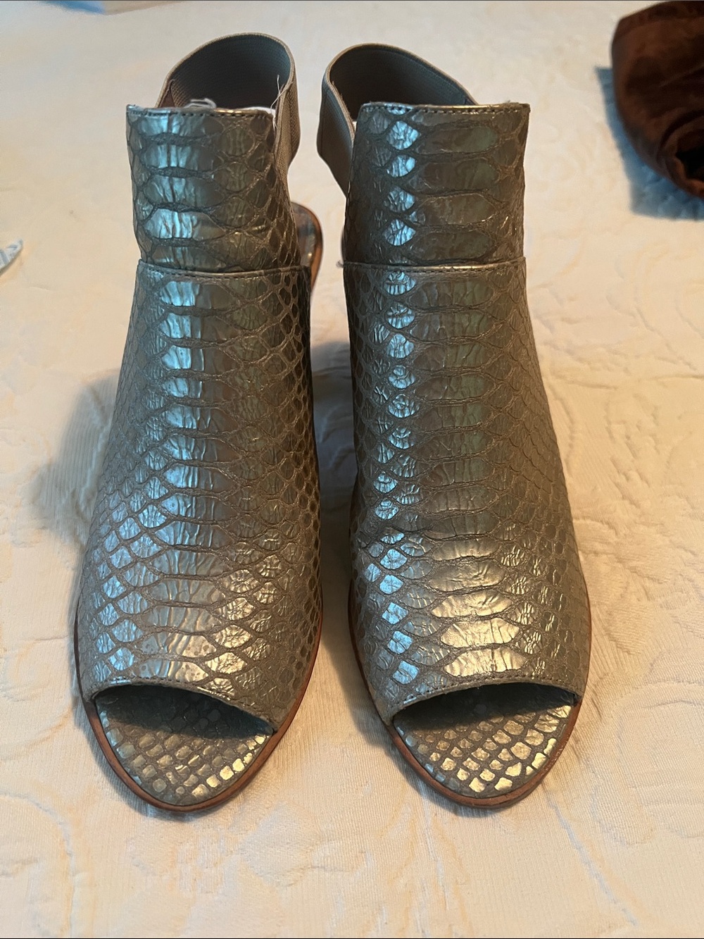 Donald J. Pliner Metallic Taupe Snake-Embossed Peep-Toe Ankle Boots